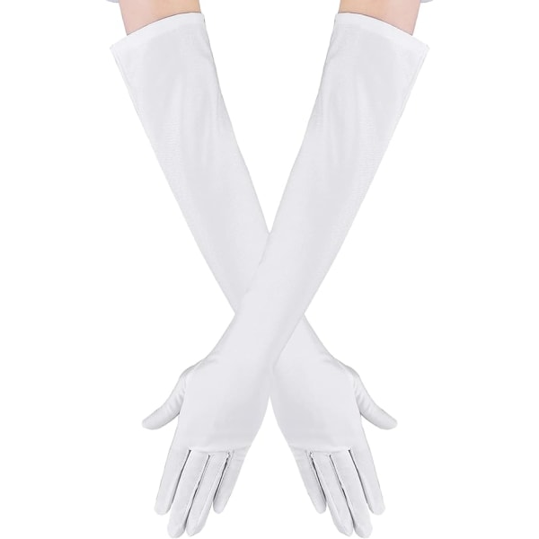Långa Satin Fingerhandskar för Kvinnor Opera Bröllop Danshandskar Fest Stretchiga Handskar White