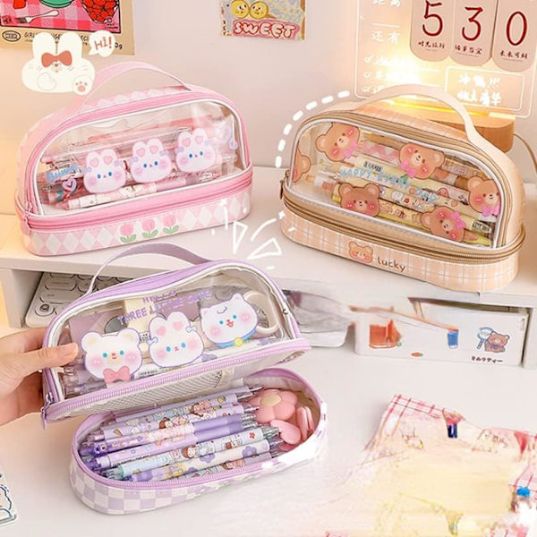Suuri kapasiteetti kynäkotelo Kawaii 2 osasto pussi kynäpussi japanilainen kangas paperitavarat kynäteline esteettinen meikki kosmetiikkalaukku (violetti)