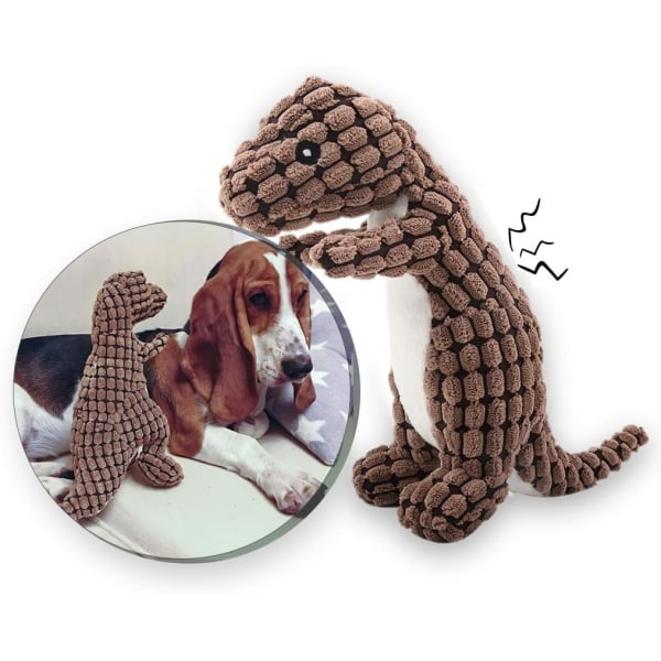 Fylld hund leksak plysch hund leksak manchester slitstark interaktiv leksak inklusive plast ljud-making squeaker dinosaurie form plysch leksak (brun)