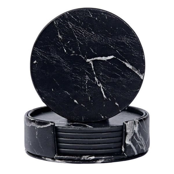 6-pak reversible underlag i sort marmor PU med holder sort