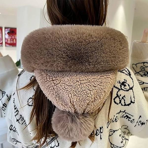 Naisten pyöräilytuulenpitävä huivihattu Talvinen kaulaliina Lämmin fleece-naamio Termohuppu Pompomilla hiihtämiseen pyöräilyyn One Size,Khaki