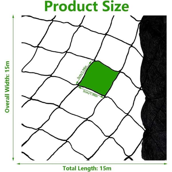 Fuglenet - 15 x 15 m - 5 x 5 cm masker - Sort - UV-bestandig nylon