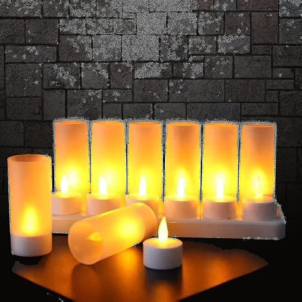 Flammeløse stearinlys - 12 oppladbare led flimrende telys + 12 frostede kopper - Leveres med ladebase, ikke nødvendig med batteri - Perfekt