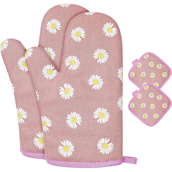 Ovnshansker og grytekluter, grillhansker, 1 par ovnshansker og 2 grytekluter, for matlaging, baking, kjøkken, mikrobølgeovn, pizza pink