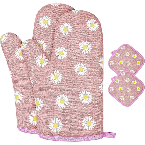 Ugnsvantar och grytlappar, grillhandskar, 1 par ugnsvantar och 2 grytlappar, för matlagning, bakning, kök, mikrovågsugn, pizza pink