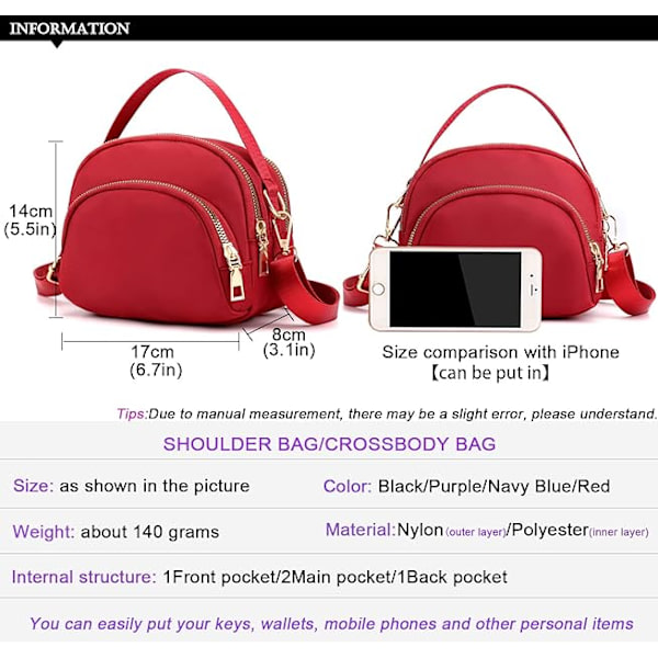 Cross Body Phone Bag Kvinner, Kvinner Jenter Glidelås Cross Body Phone Bags, Nylon Lommebok Skulder Bag, 3 Lag Glidelås Mobiltelefon Pung med Justerbar Rem. Red