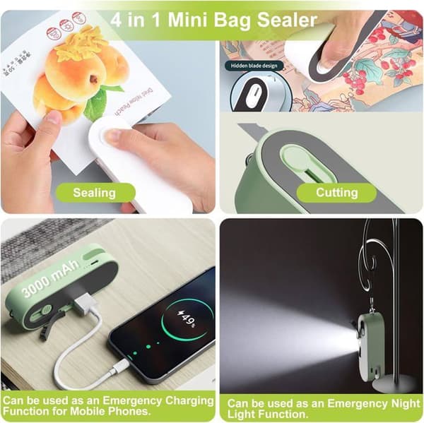 Mini 4-i-1 poseforsegler, varmeforsegler med kutter, USB oppladbar chipsposeforsegler, hvit