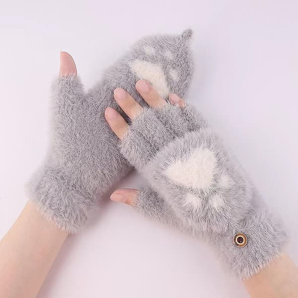 Strikkede plys flip handsker vinter halv finger handsker kvinders søde handsker grey