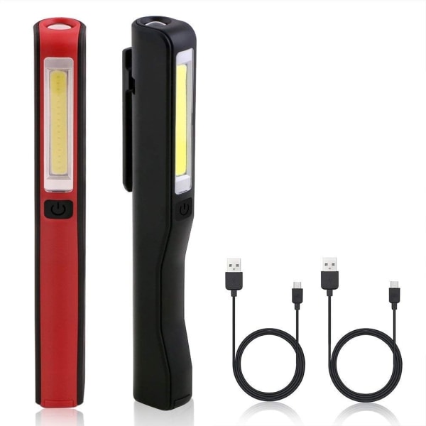 USB genopladeligt arbejdslys, 2 stk inspektionslampe LED lommelygte, COB lommelygte med magnetclips til hjemmet, værkstedet, camping, nødsituationer (sort og rød)