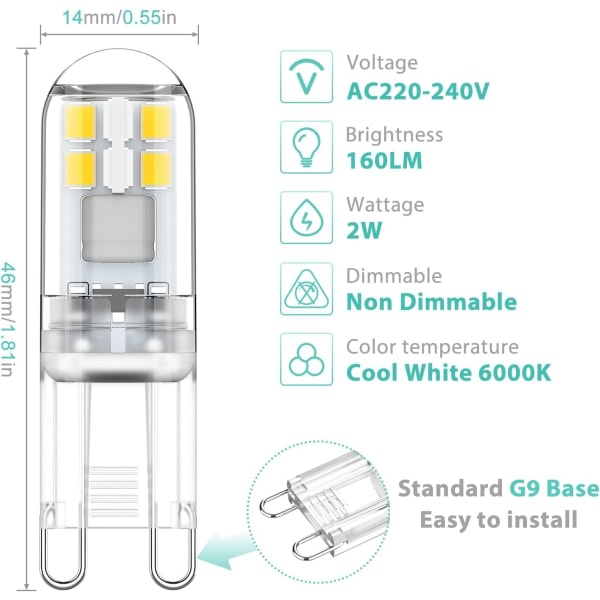 G9 LED-lampor 1,5W Motsvarar 20W Halogen Cool White Light 6000K, AC 220-240V, Ej dimbar, Minilampa, flimmerfri, paket med 10-WELLNGS