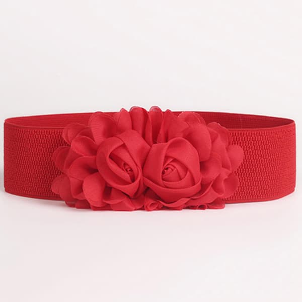 Sinknap Elastisk Belte med Dobbel Blomst Stoff Bred Elastisk Midje Belte For Fest Rosy Red