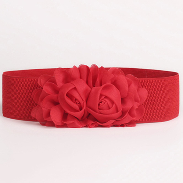 Sinknap Elastiskt Bälte Dubbel-Blomma Tyg Brett Elastiskt Midjebälte För Fest Rosy Red