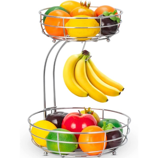 Fruit Basket, 2-Tier Fruit Bowl with Banana, Kitchen , Metal Bowls Perfect for Holding Fruit, Vegetables, Snacks, Cupcakes