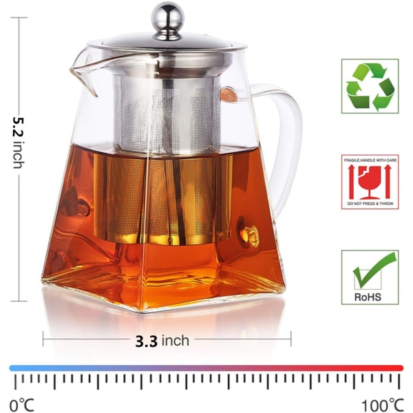 Kvadratisk glastekanna med infuser, 550 ml Borosilikat tekanna med sil, klar bladtekannor för löst te