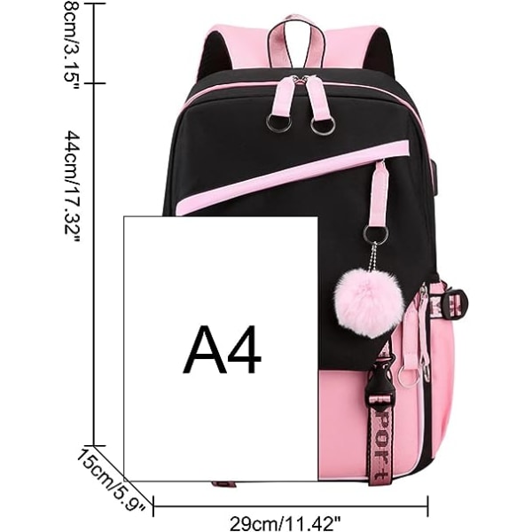 Teini-ikäisten tyttöjen reppu, keskikoululaisten kirjakassi, ulkoilureppu USB-latausportilla