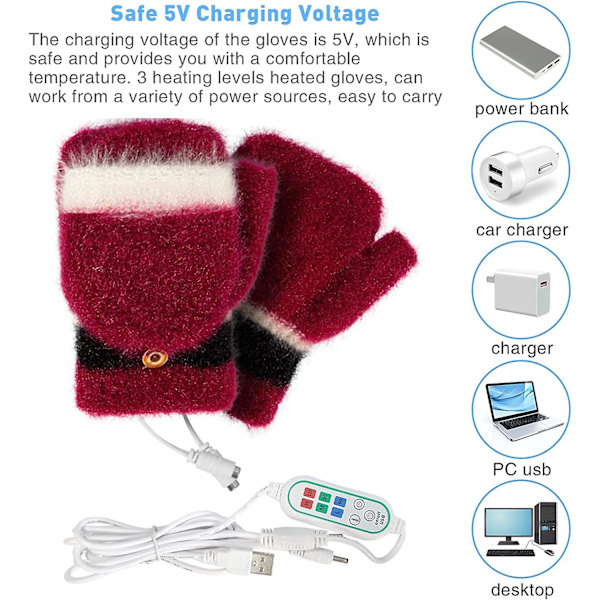 USB-oppvarmede hansker 3 varmenivåer Vinter varmere votter Full & Half Finger Laptop Hansker for skriving Arbeid