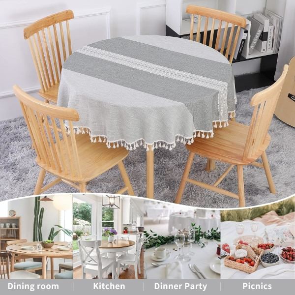 Rund dug i grå, 140 cm, vaskbar, i bomulds- og linnedstof, pletbestandig, med kvaster, stribet broderi til fødselsdag, bryllup, sofabord