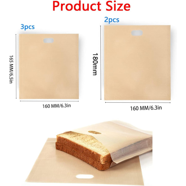 5-pack återanvändbara brödrostpåsar, non-stick rostade smörgåspåsar, robusta plastpåsar för smörgåsar, lätta att öppna, toastiepåsar