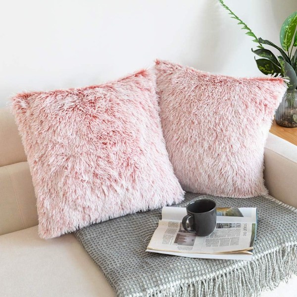 Pack of 2 Fluffy Cushion Covers Faux Fur Cushions Decorative Fuzzy Square Pillow Case for Sofa Decor 45x45 cm Pink