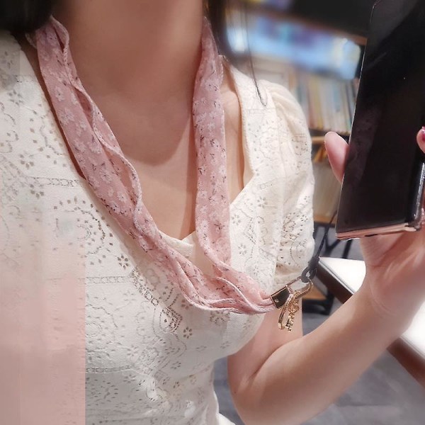 Kukkainen sifonki silkkihuivi Tyylikäs puhelinnauha metalliriipus avaimenperä puhelimen kaulahihna Pink