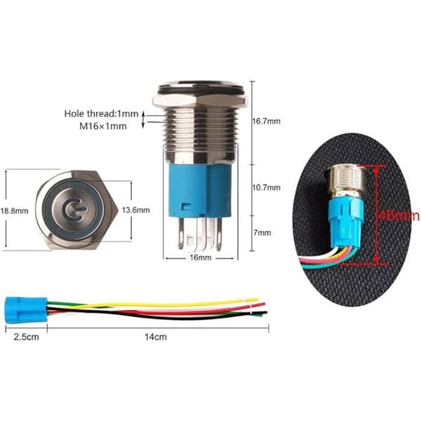 Sett med 2 låsbare trykknapper i rustfritt stål, 16 mm, hvitt LED-symbol, 12-24V 5A strømforsyning, vanntett med plugg