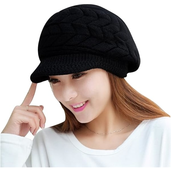 Naisten talvineulottu hattu reunuksella mustavalkoharmaa, tyylikäs cap ja lämmin fleecevuorattu