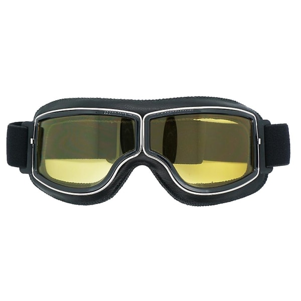 Motorcykel-kørebriller Vintage-briller Anti-ridse Scooter Skibriller til mænd Kvinder Voksen - Sort læder Gule linser