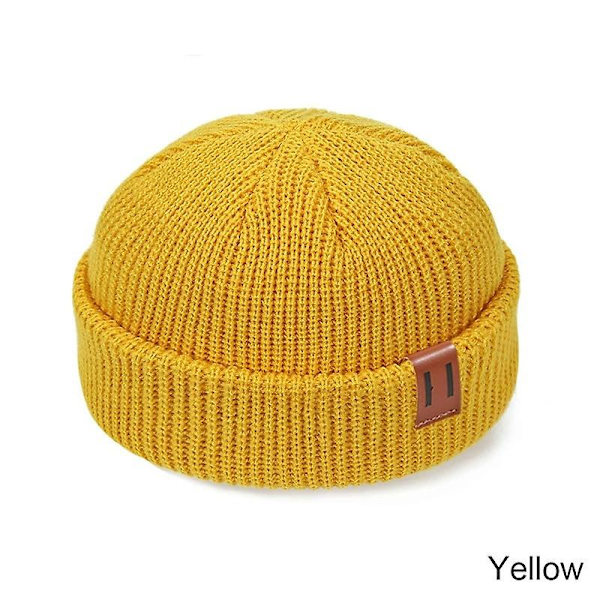 Mænd Kvinder Mode Vinter Strikket Beanie Hat Unisex Skullies Cap Hip-hop Cuffed Kort Cap Bonnet Varmt Ribbet Fisker Docker Hatte Yellow