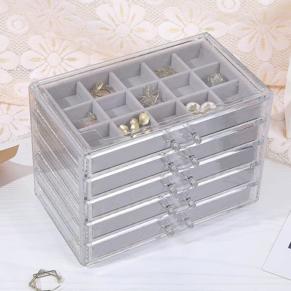 Örhängen Smycken Organizer med 5 lådor, födelsedag och mors dag present, genomskinlig akryl smyckeskrin