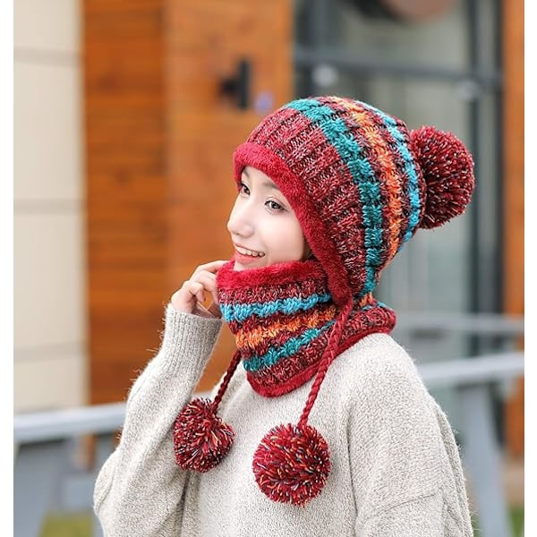 Neulehattuhuivisetti Talvi Lämmin Paksu Virkattu Pom Pom Beanie Hat Cap Ulkoilu Hiihto Lumilautailu Pyöräily Pom Pom Hemming Hatut Fleecevuorilla