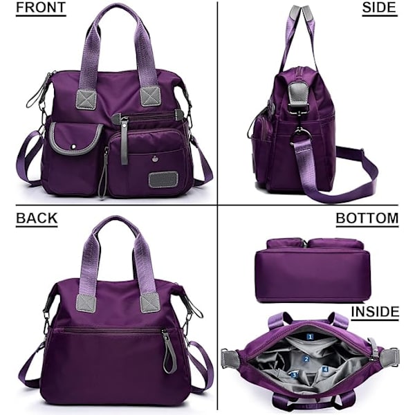 Naisten kangaskassi, suurikokoinen käsilaukku useilla taskuilla ja vetoketjulla, kevyt naisten olkalaukku, nailoninen crossbody-laukku (puhdas musta)