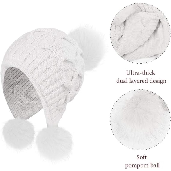 Kvinder strikket hue vinter varm hue hue med Pom Pom Bobble hat stil med vindtætte øreklapper (hvid)