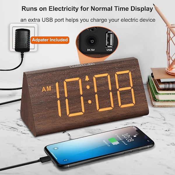 Træ Digital Vækkeure til Soveværelser - Elektrisk Bordur med Store Tal, USB-port, Batteri Brown