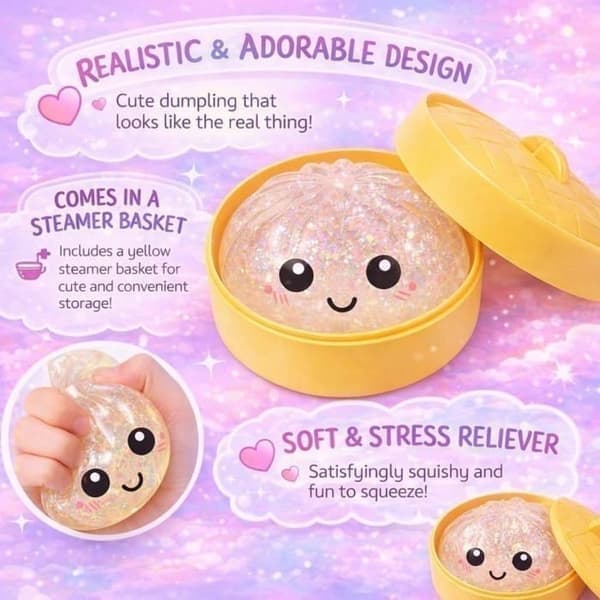 12-pak glitter squishies med dampkasse - Dumplingformet stressbold - Sensorisk klemmelegetøj til børn og voksne