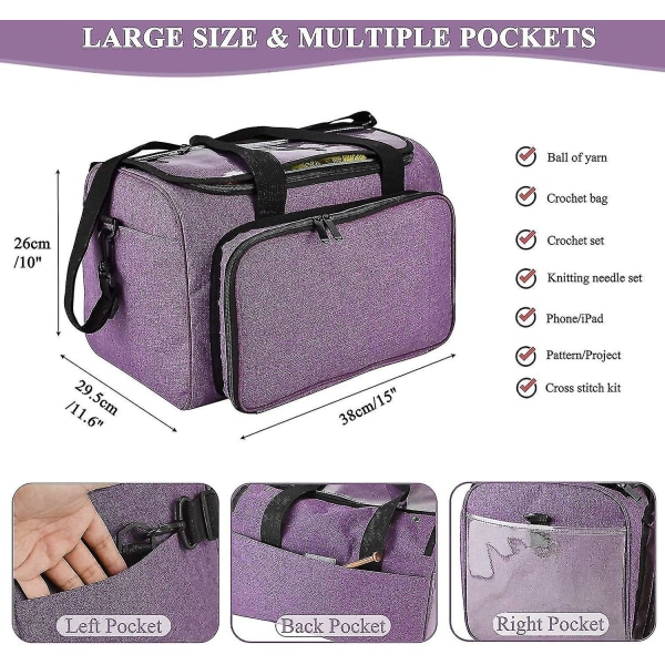 Mulepose, strikketaske med aftagelige skillevægge, uldstofopbevaringspose med klar pvc-top, stor Oxford-klud, 15 * 11 * 10 tommer (lilla)
