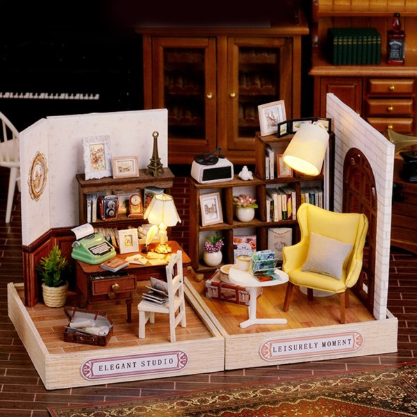 Gjør-det-selv dukkehus miniatyr med møbler Minihussett i tre Romdekorasjoner Håndverksgave til tenåringer Voksne Kvinner Menn null - 2