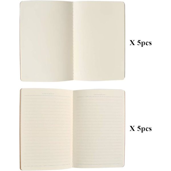 10 stk. notesblok A5, Kraft Cover Notebooks 5 pakker blanke sider/ 5 linjerede sider (36 ark hver), Great Sketchbook Drawing Notebook, Classic Diary Note Pads