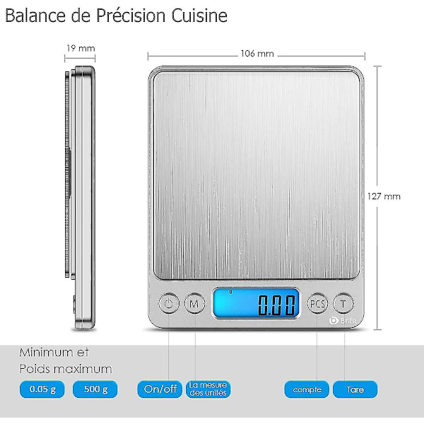 Precisionsvåg 0,01 g, 500 g/0,01 g köksvåg, smyckesvågar med tara- och räknefunktion, fickvåg med bakgrundsbelyst LCD-display (rostfritt stål &