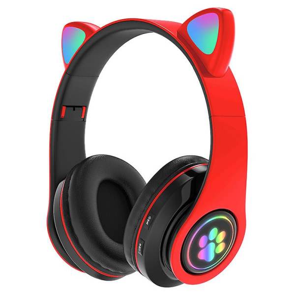 Bluetooth 5.0 trådlösa hörlurar söta LED-blixt kattöron huvudmonterade headset inbyggd mikrofon Hifi-hörlurar Red