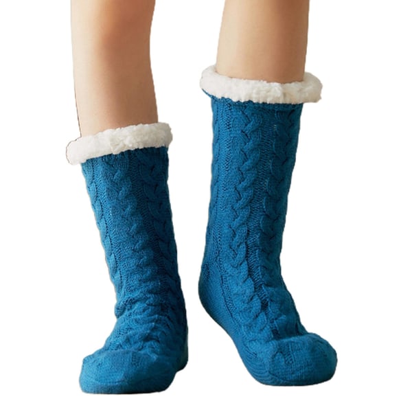 Kvinners Vinter Varme Tykke Strikkede Plysjforede Tøffelsokker Ensfarget Chunky Kabel Heklet Myk Fuzzy Koselig Sove Strømpebukse Lake blue