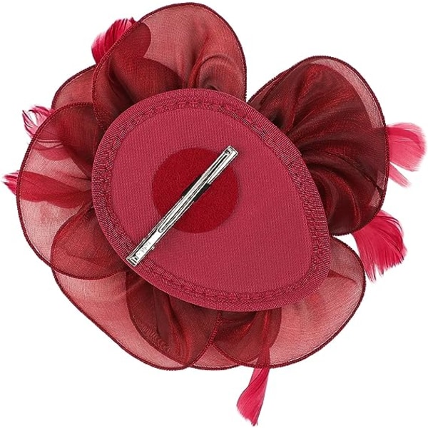 Sulkahöyhenkoriste naisille ja tytöille Kukka Organza Derby Hat Ascot Hatut Elegantti Cocktail Tea Party Hat Headwear with Clip & Hairband(Viininpunainen)