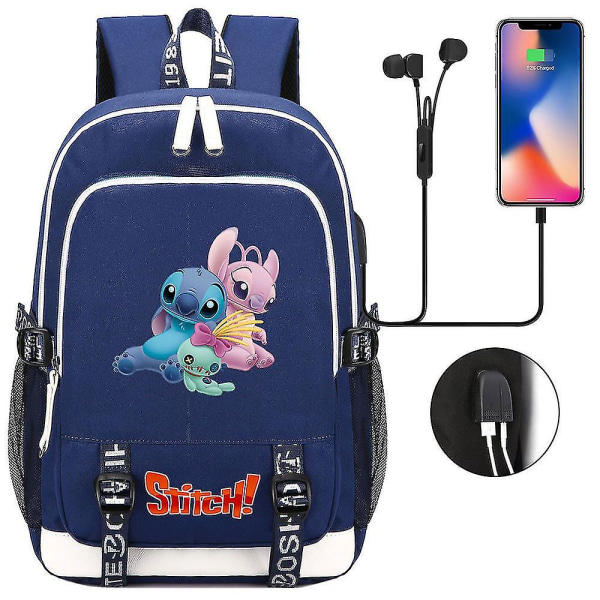 Anime Stitch  Filmer Usb Lading Ryggsekk Skoleveske Barneskole Ungdomsskole Student Gutter Jente Stor Kapasitet Bokveske Høy Kvalitet style 2