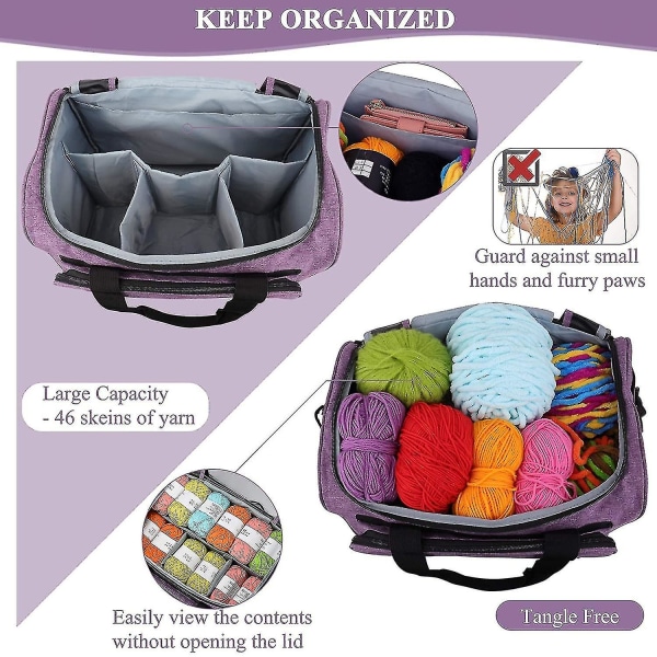 Mulepose, strikketaske med aftagelige skillevægge, uldstofopbevaringspose med klar pvc-top, stor Oxford-klud, 15 * 11 * 10 tommer (lilla)