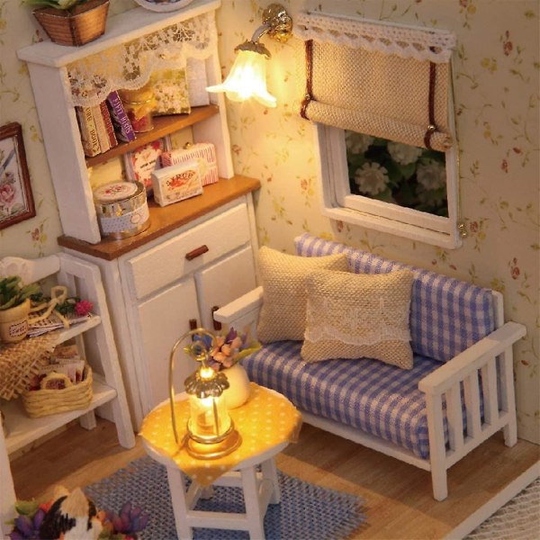 Gør-det-selv-dukkehus, gør-det-selv Miniature Dukkehus Kit Realistisk Mini 3d træhus værelse Håndlavet legetøj med møbel