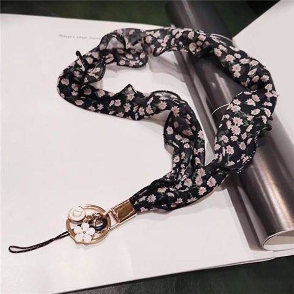 Blomster chiffon silke tørklæde stil telefon lanyard metal vedhæng nøglering telefon hals strop Black