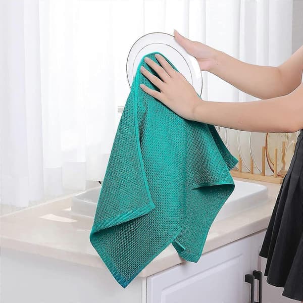 6-pakning kjøkkenhåndklær i bomull med vaffelvev, ultramyke, absorberende og hurtigtørkende kjøkkenhåndklær blågrønne 34*73cm Blue-green 34*73cm