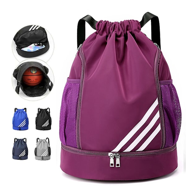 Uusi kiristysnauhainen reppu, vedenpitävä narureppu, urheilureppu, kuntosalireppu, jossa sivutasku miehille ja naisille Purple
