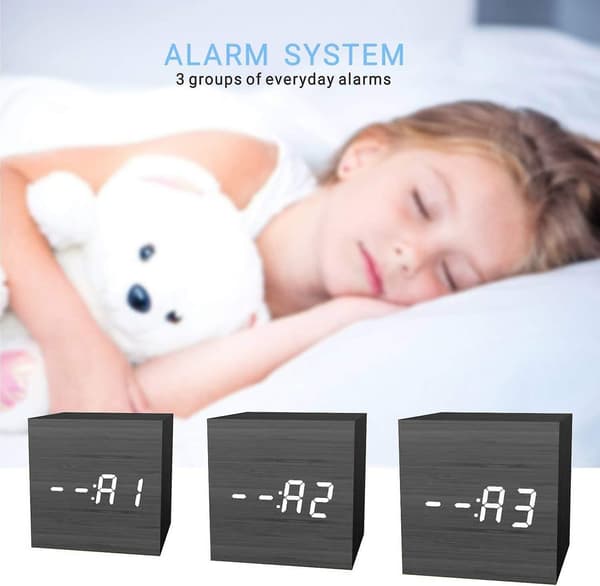 Digital väckarklocka, trä LED-lampa Mini modern kub skrivbordsväckarklocka visar tid datum temperatur barn, sovrum, hem, sovsal, resor (svart)