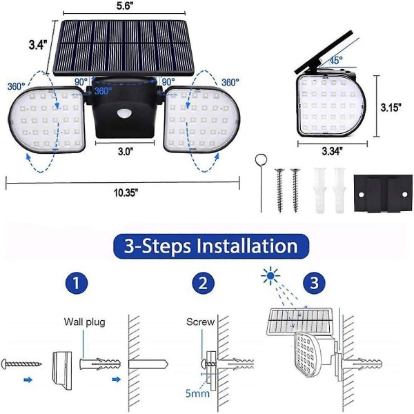 Outdoor Solar Lights, 56 Led Solar Lights Outdoor Motion Sensor Security Lights Solar Powered Wall Lights Spotlights Waterproof 360 Degree Adjustable