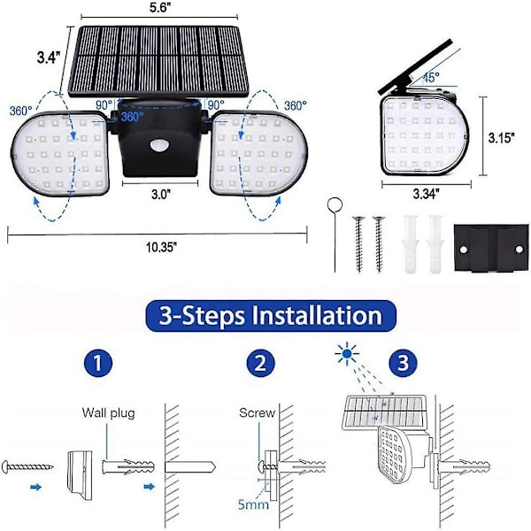 Utendørs solcellelamper, 56 LED solcellelamper utendørs bevegelsessensor sikkerhetslamper solcelledrevne vegglamper spotlights vanntett 360 graders justerbar